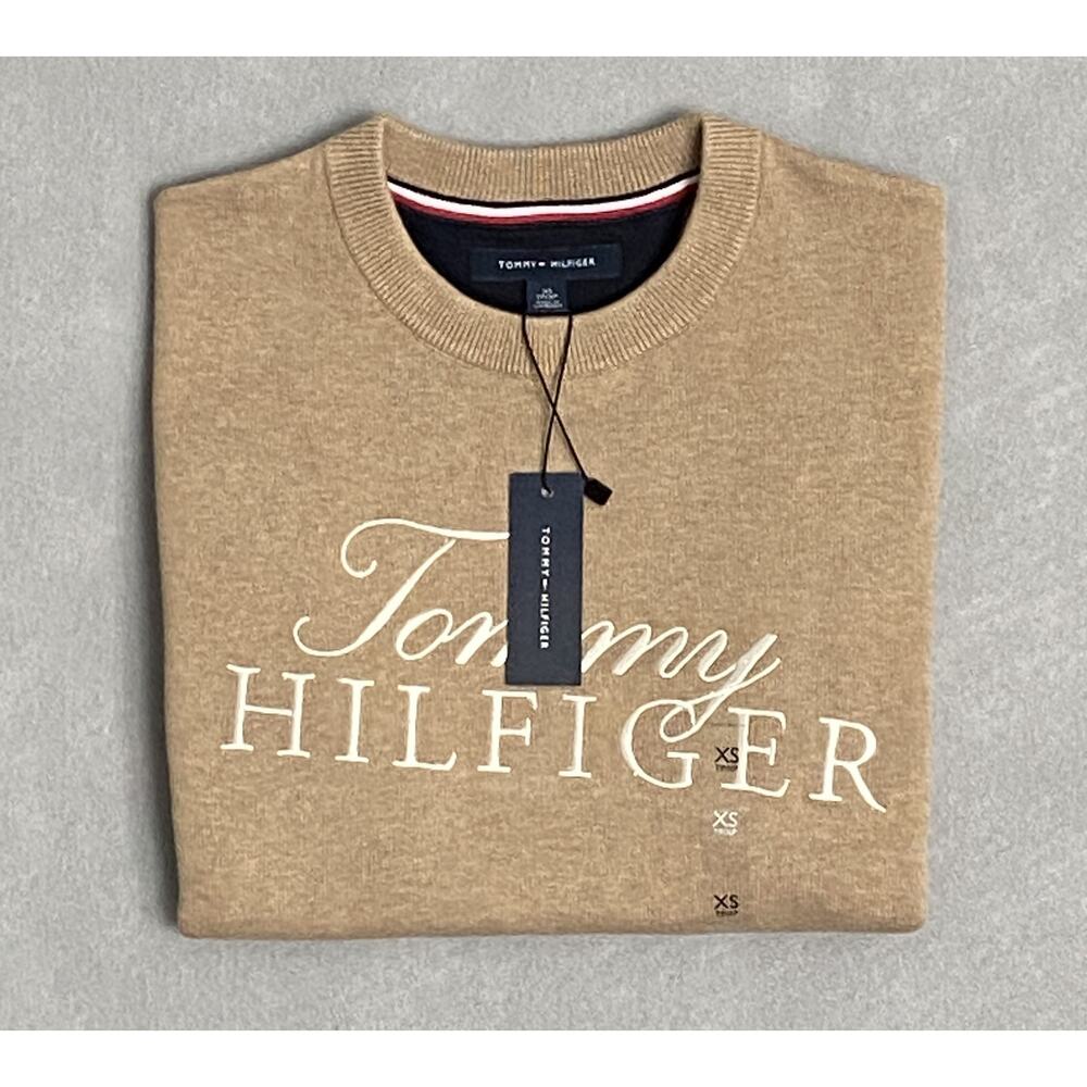 Tommy Hilfiger Men's XS Signature Crew Neck Sweater Embroidered Logo Beige NEW - Picture 1 of 12